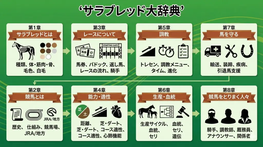 『サラブレッド大辞典』の世界観を表した、サラブレッドと競馬データの図解イメージイラスト